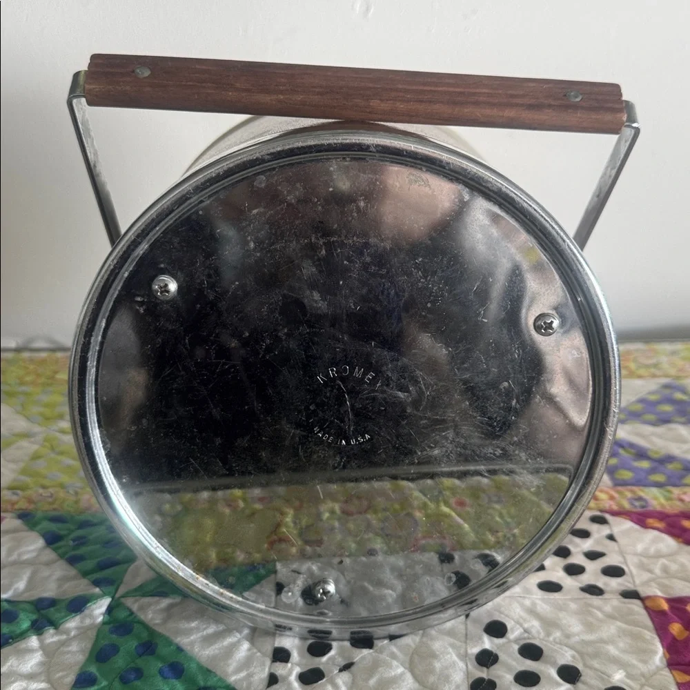 VINTAGE 60s/70s Mid Century KROMEX Walnut & Chrome Steel Ice Bucket, Butter Dish